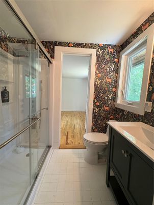 Bathroom, Glass Shower, Interior, Wood Texture Flooring