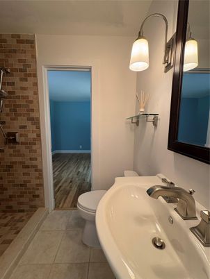 Bathroom, Interior, Stone Walls, Wood Texture Flooring