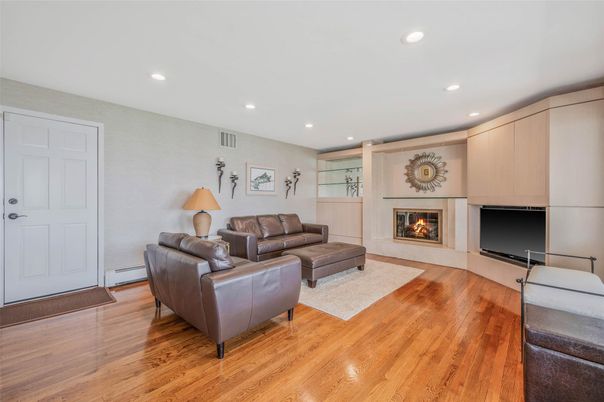 Fireplace, Interior, Living room, Recessed Lighting, Wood Texture Flooring