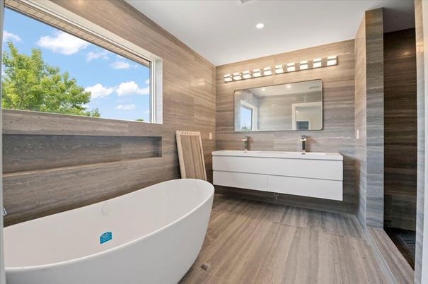Bathroom, Free Standing Baths, Interior, Recessed Lighting, Wood Texture Flooring, Wooden Walls