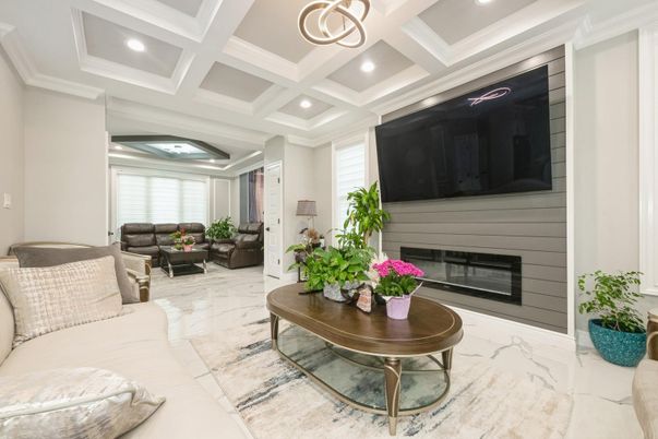 Fireplace, Interior, Living room, Marble, Pendant Lights, Recessed Lighting