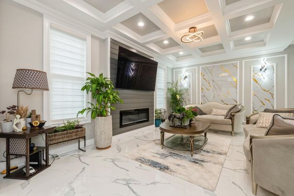Fireplace, Interior, Living room, Marble, Recessed Lighting