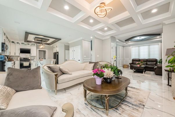 Interior, Kitchen, Living room, Marble, Pendant Lights, Recessed Lighting, Stainless Steel Appliances