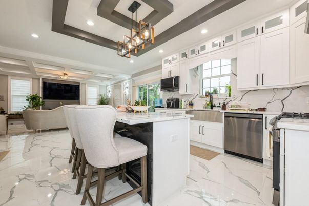 Dining room, Interior, Kitchen, Living room, Marble, Pendant Lights, Recessed Lighting, Stainless Steel Appliances