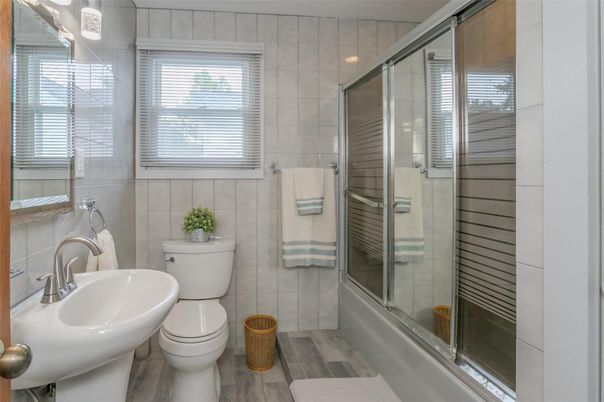 Bathroom, Glass Shower, Interior, Wood Texture Flooring