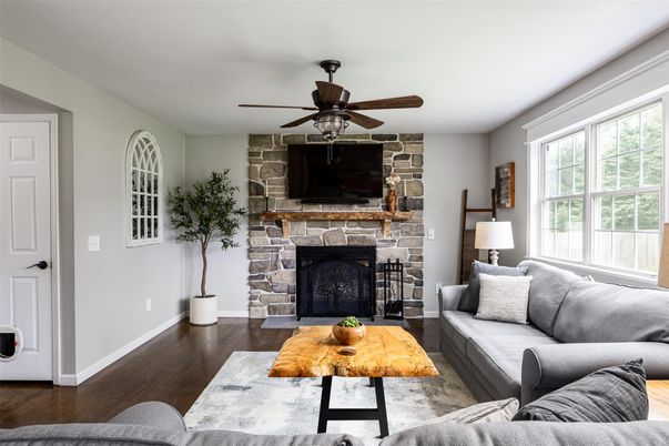 Fireplace, Interior, Living room, Stone Walls, Wood Texture Flooring