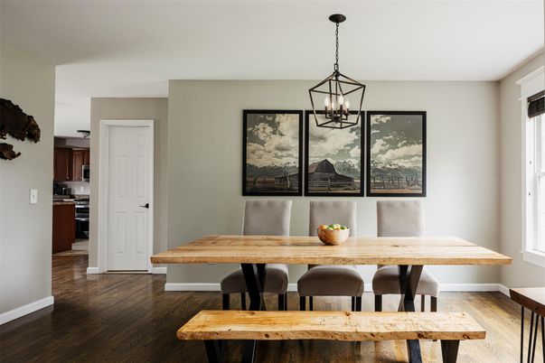 Dining room, Interior, Pendant Lights, Wood Texture Flooring