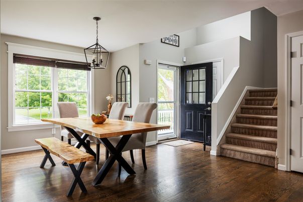 Dining room, Interior, Pendant Lights, Wood Texture Flooring