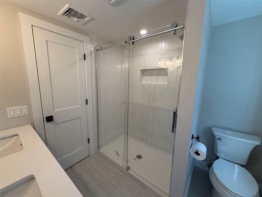 Bathroom, Glass Shower, Interior, Recessed Lighting, Wood Texture Flooring