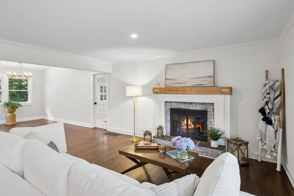 Fireplace, Interior, Living room, Recessed Lighting, Wood Texture Flooring