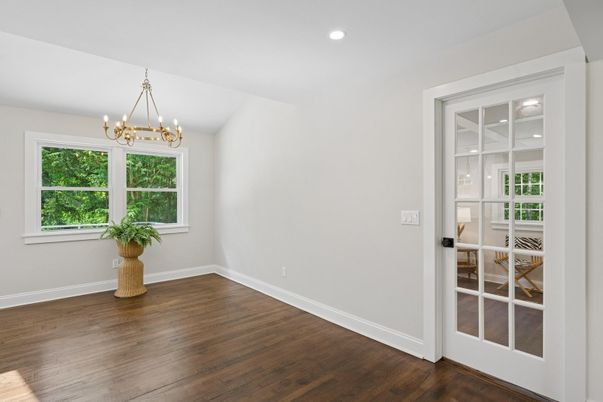 Chandelier, Empty room, Interior, Recessed Lighting, Wood Texture Flooring