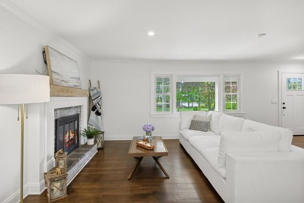 Fireplace, Interior, Living room, Recessed Lighting, Wood Texture Flooring
