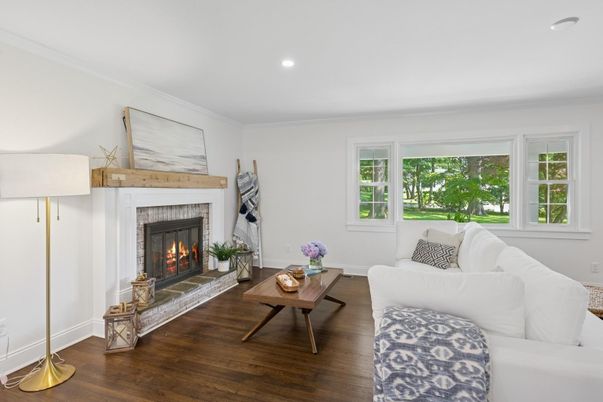 Fireplace, Interior, Living room, Recessed Lighting, Wood Texture Flooring