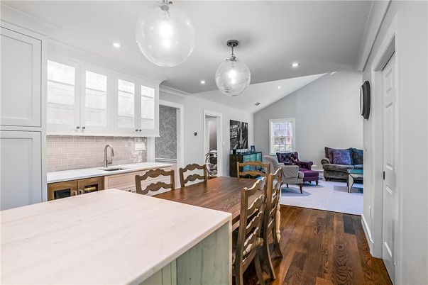 Dining room, Interior, Kitchen, Living room, Pendant Lights, Recessed Lighting, Wood Texture Flooring