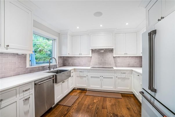 Interior, Kitchen, Recessed Lighting, Stainless Steel Appliances, Wood Texture Flooring