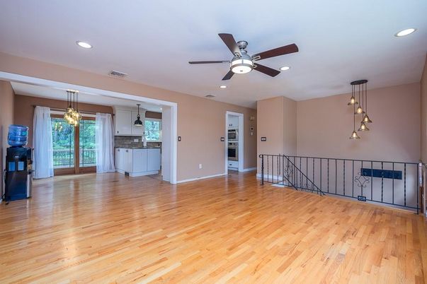 Empty room, Interior, Kitchen, Pendant Lights, Recessed Lighting, Wood Texture Flooring