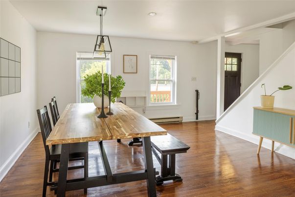 Dining room, Interior, Pendant Lights, Recessed Lighting, Wood Texture Flooring