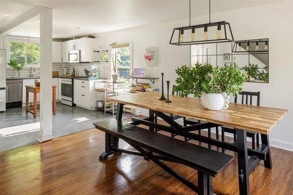 Dining room, Interior, Kitchen, Pendant Lights, Recessed Lighting, Wood Texture Flooring