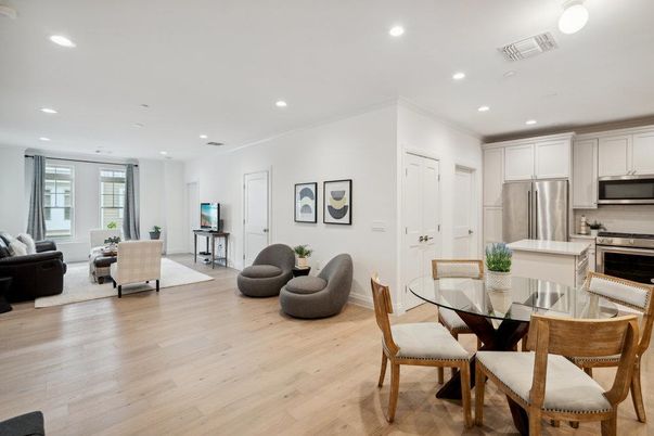 Dining room, Interior, Kitchen, Living room, Recessed Lighting, Stainless Steel Appliances, Wood Texture Flooring