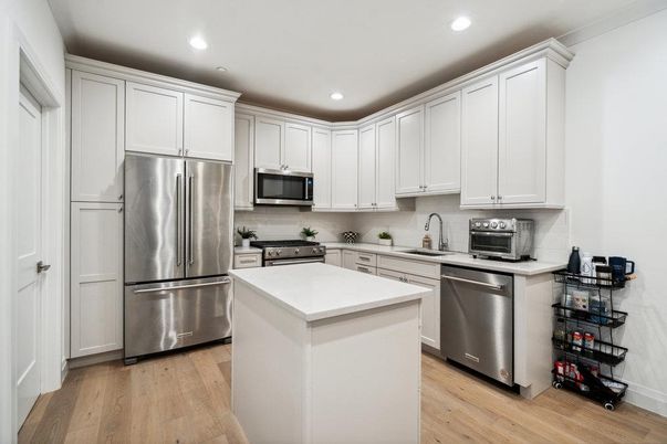 Interior, Kitchen, Recessed Lighting, Stainless Steel Appliances, Wood Texture Flooring