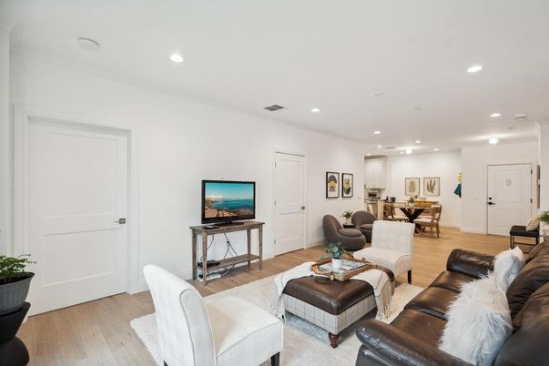 Dining room, Interior, Living room, Recessed Lighting, Wood Texture Flooring