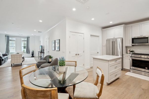 Dining room, Interior, Kitchen, Living room, Recessed Lighting, Stainless Steel Appliances, Wood Texture Flooring