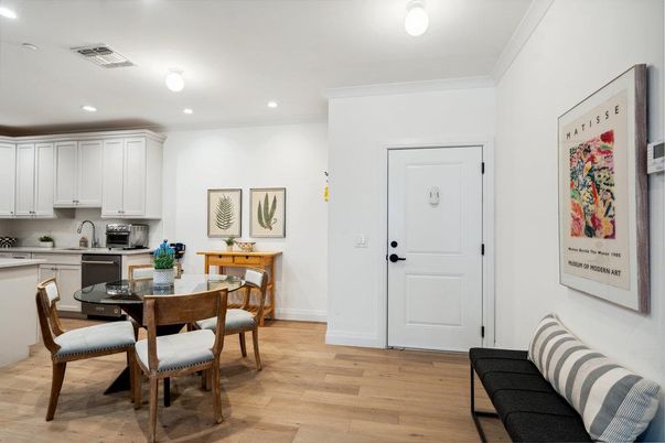 Dining room, Interior, Kitchen, Recessed Lighting, Wood Texture Flooring