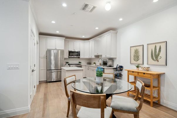 Dining room, Interior, Kitchen, Recessed Lighting, Stainless Steel Appliances, Wood Texture Flooring