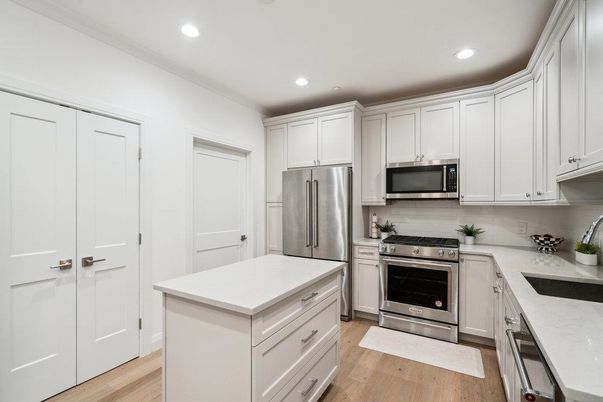 Interior, Kitchen, Recessed Lighting, Stainless Steel Appliances, Wood Texture Flooring