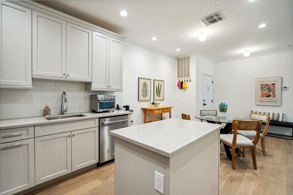Dining room, Interior, Kitchen, Recessed Lighting, Stainless Steel Appliances, Wood Texture Flooring