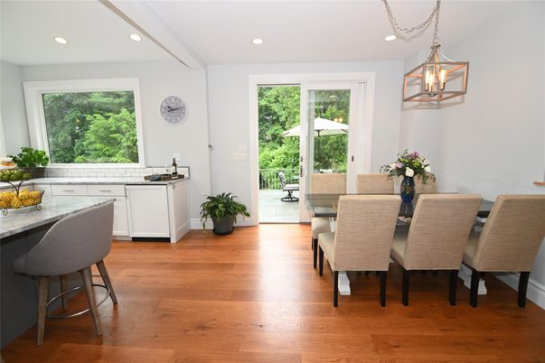 Dining room, Interior, Kitchen, Pendant Lights, Recessed Lighting, Wood Texture Flooring