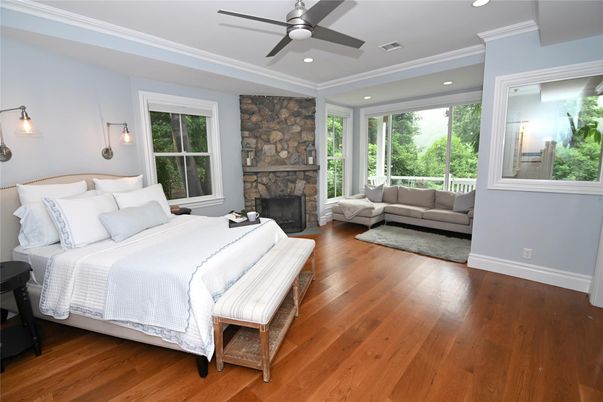 Bedroom, Fireplace, Interior, Recessed Lighting, Wood Texture Flooring