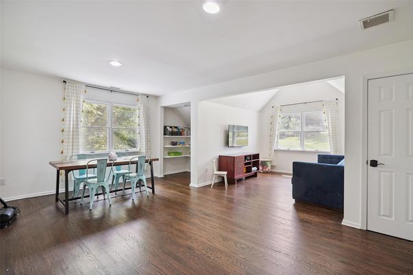 Dining room, Game Room, Interior, Recessed Lighting, Wood Texture Flooring