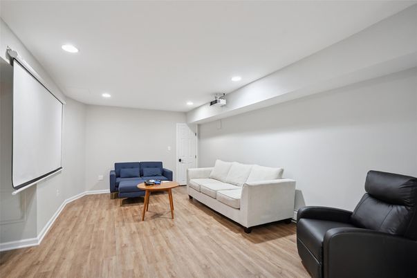 Interior, Living room, Projection Screen, Recessed Lighting, Wood Texture Flooring