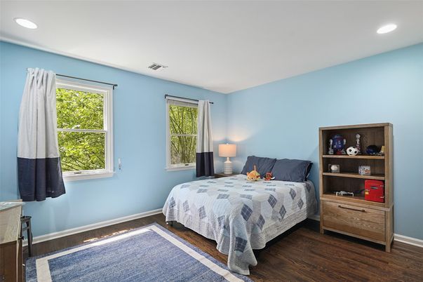 Bedroom, Interior, Recessed Lighting, Wood Texture Flooring