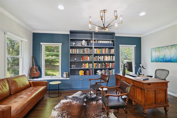Chandelier, Home Office, Interior, Pendant Lights, Recessed Lighting, Wood Texture Flooring