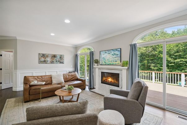 Fireplace, Interior, Living room, Recessed Lighting, Wood Texture Flooring