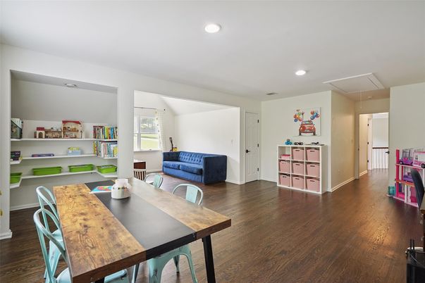 Dining room, Interior, Recessed Lighting, Wood Texture Flooring
