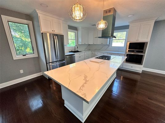 Interior, Kitchen, Pendant Lights, Stainless Steel Appliances, Wood Texture Flooring