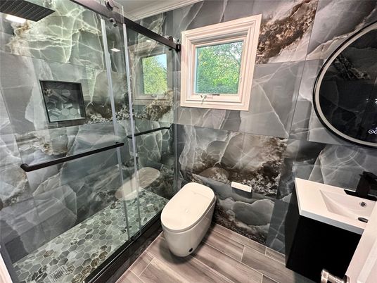 Bathroom, Glass Shower, Interior, Wood Texture Flooring