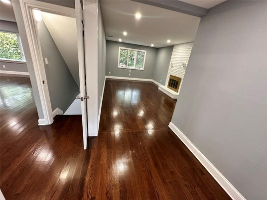 Empty room, Fireplace, Interior, Recessed Lighting, Wood Texture Flooring