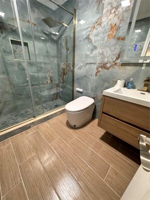 Bathroom, Glass Shower, Interior, Wood Texture Flooring