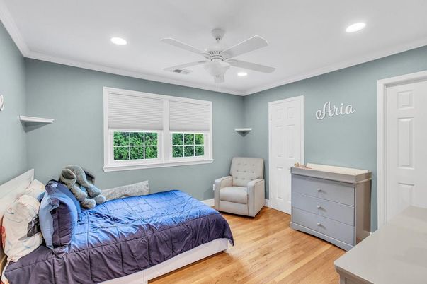 Bedroom, Interior, Recessed Lighting, Wood Texture Flooring