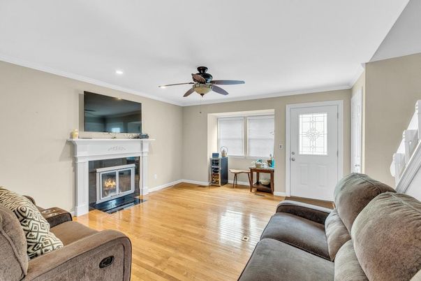 Fireplace, Interior, Living room, Recessed Lighting, Wood Texture Flooring