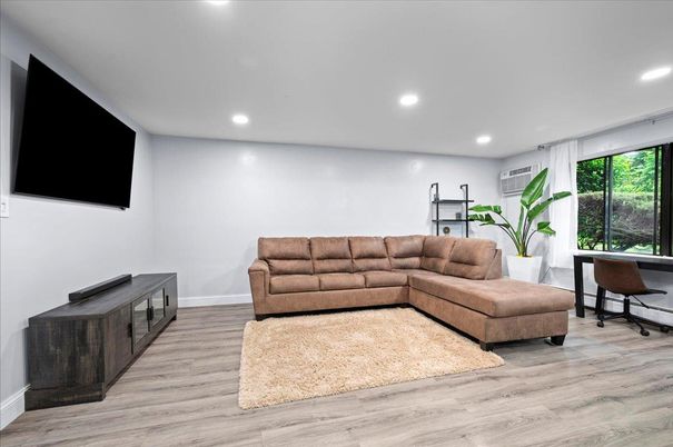 Home Office, Interior, Living room, Recessed Lighting, Wood Texture Flooring