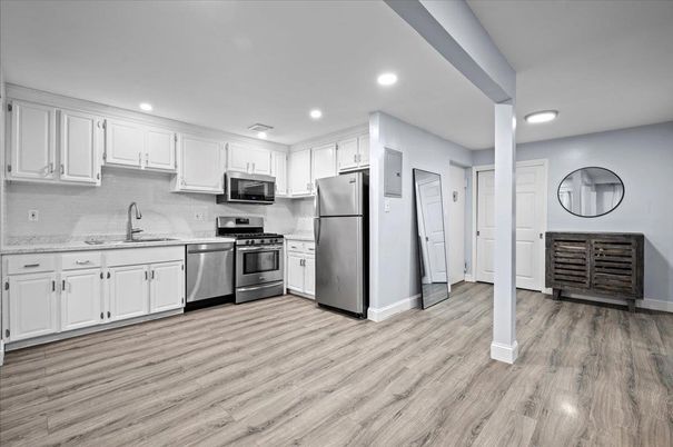 Interior, Kitchen, Recessed Lighting, Stainless Steel Appliances, Wood Texture Flooring