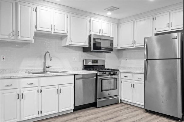 Interior, Kitchen, Recessed Lighting, Stainless Steel Appliances, Wood Texture Flooring