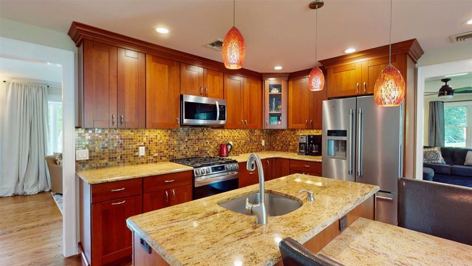 Interior, Kitchen, Pendant Lights, Recessed Lighting, Stainless Steel Appliances, Wood Texture Flooring