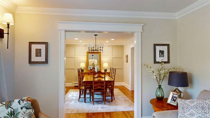 Dining room, Interior, Pendant Lights, Recessed Lighting, Wood Texture Flooring