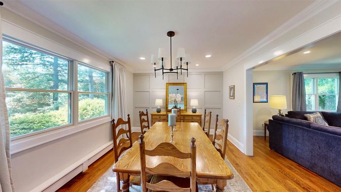 Dining room, Interior, Pendant Lights, Recessed Lighting, Wood Texture Flooring